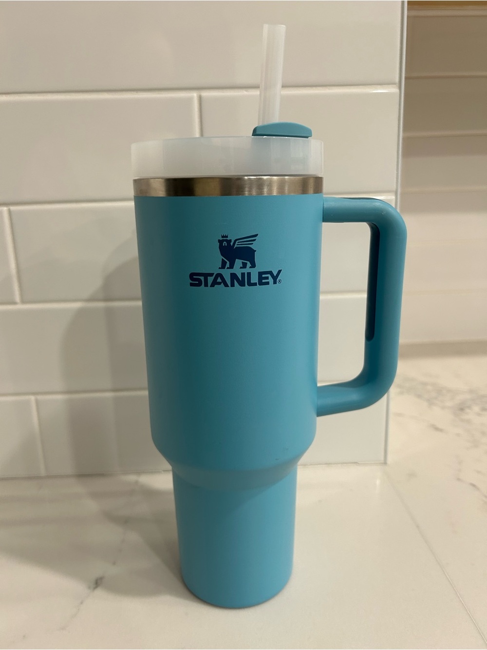 Stanley Aqua Blue Insulated Travel Mug with Handle and Straw